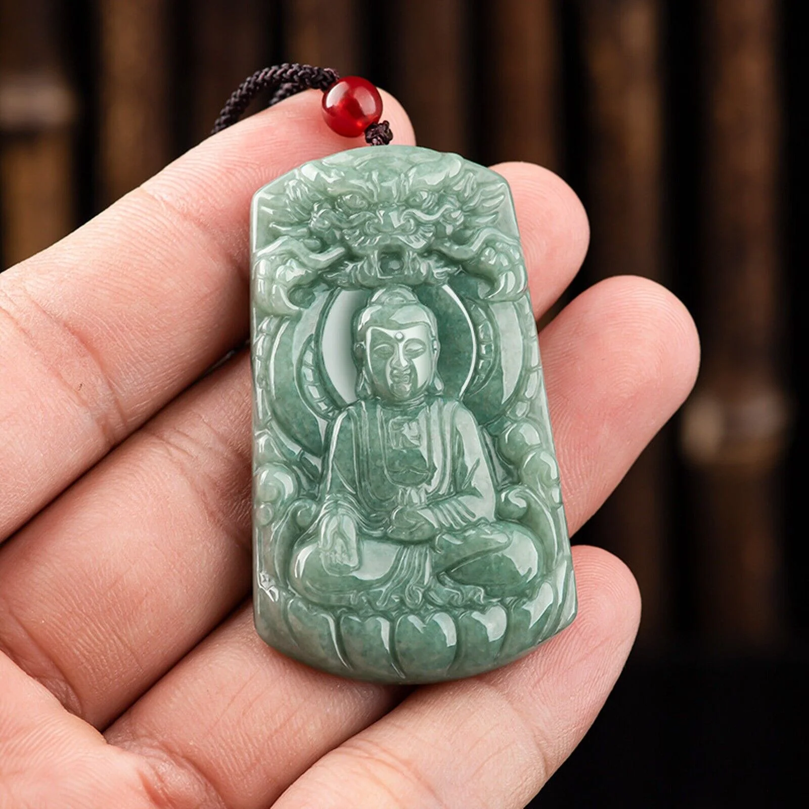 Natural Grade A Jade Jadeite Dragon Buddha Square Pendant #37-1226 - Image 3