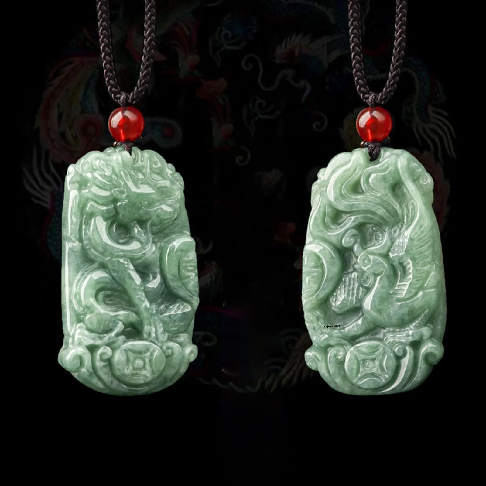 Natural Grade A Jade Jadeite Lucky Dragon Phoenix Couple Pendant PAIR - Image 2
