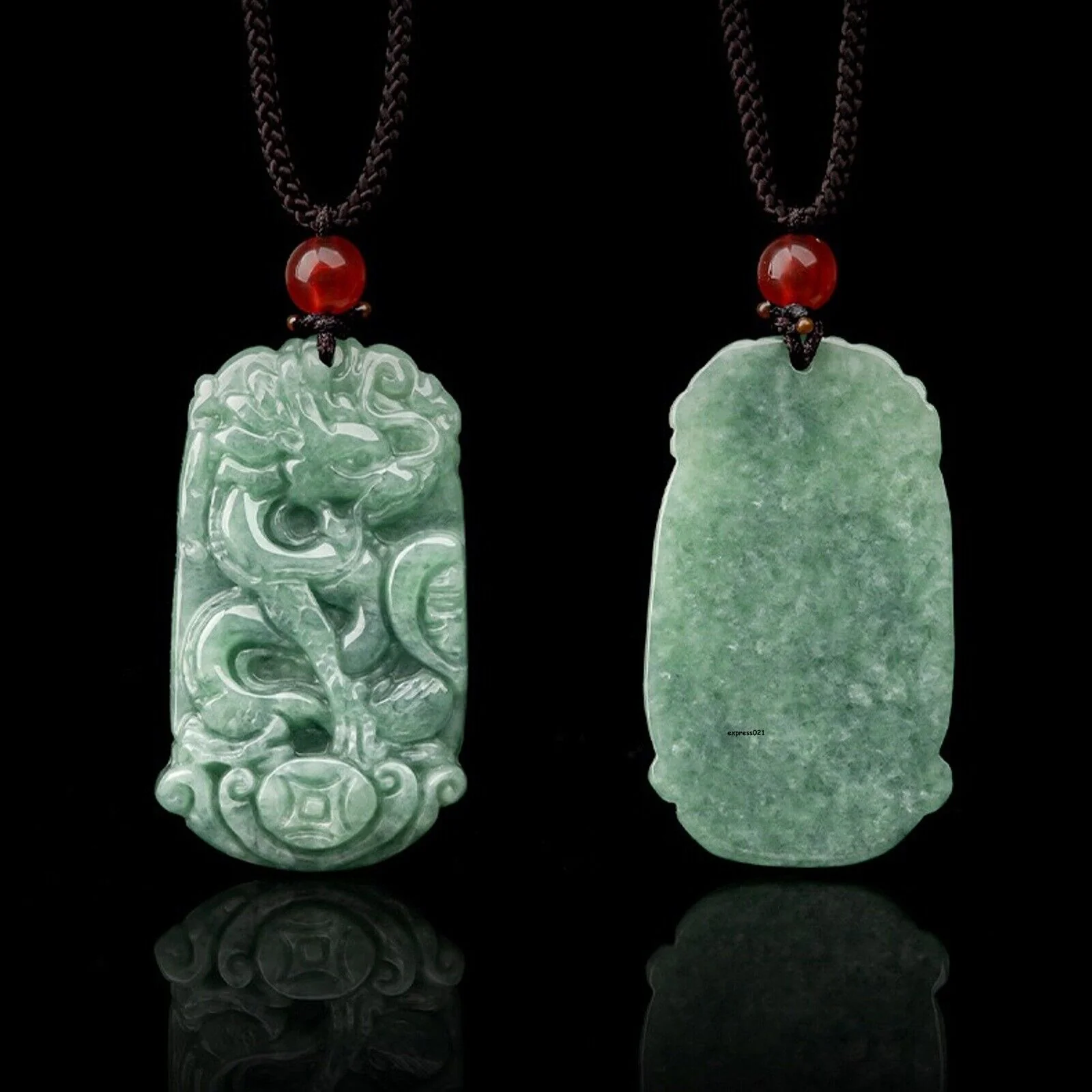 Natural Grade A Jade Jadeite Lucky Dragon Phoenix Couple Pendant PAIR - Image 3