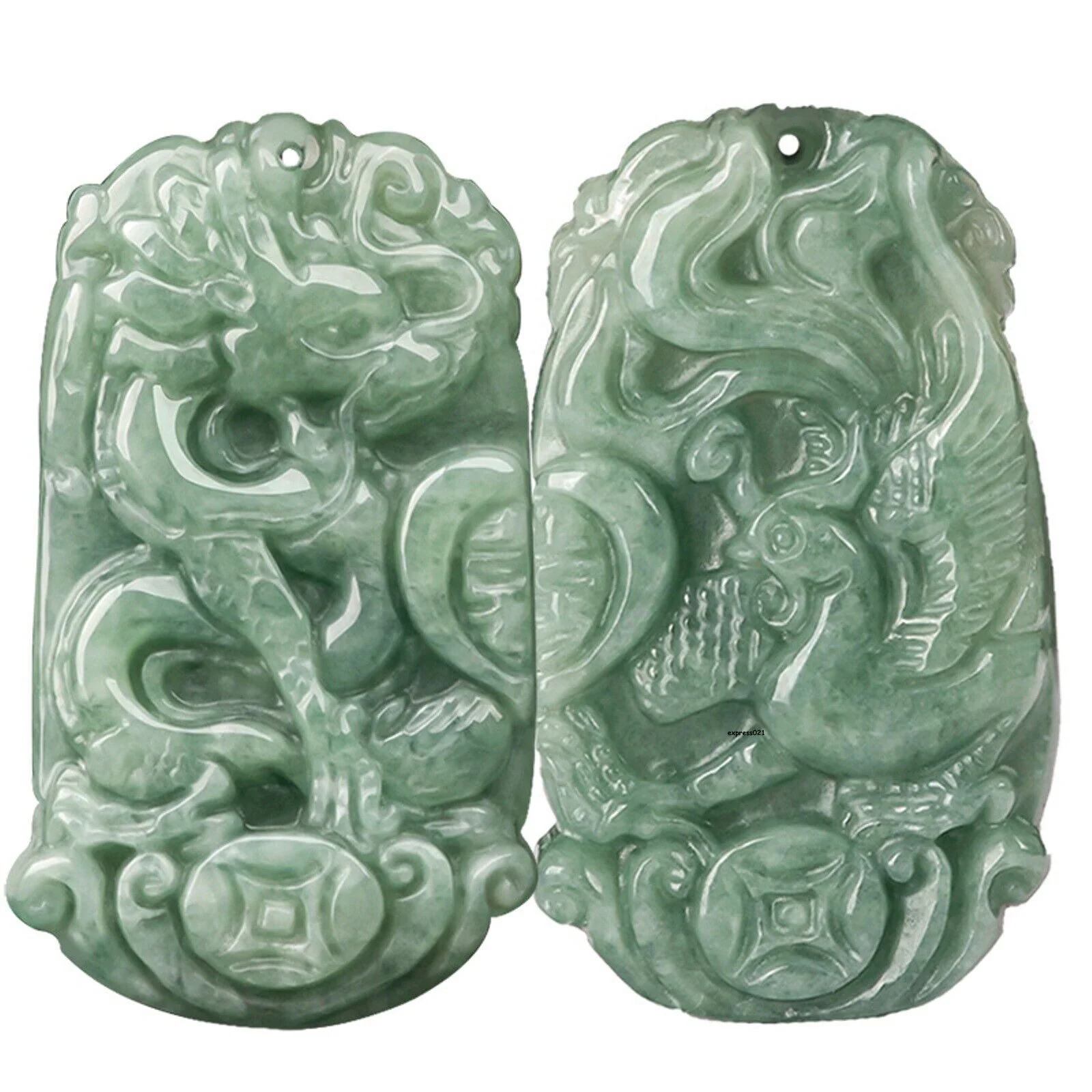 Natural Grade A Jade Jadeite Lucky Dragon Phoenix Couple Pendant PAIR - Image 4