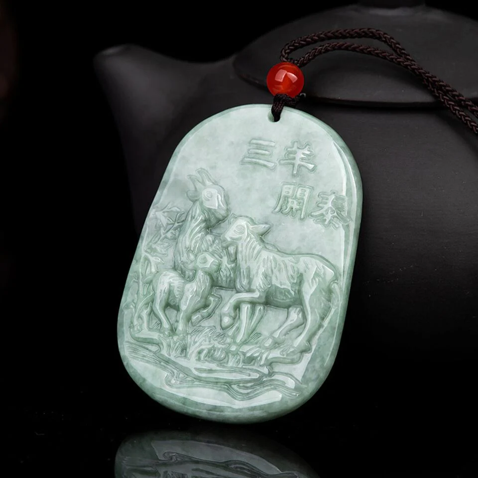 Natural Grade A Jade Jadeite Men Women Gift Lucky Zodiac Three Sheep Pendant - Image 3