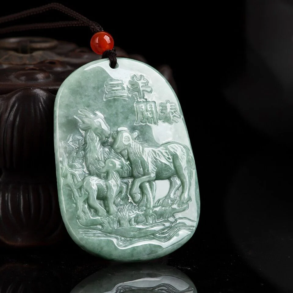 Natural Grade A Jade Jadeite Men Women Gift Lucky Zodiac Three Sheep Pendant - Image 4
