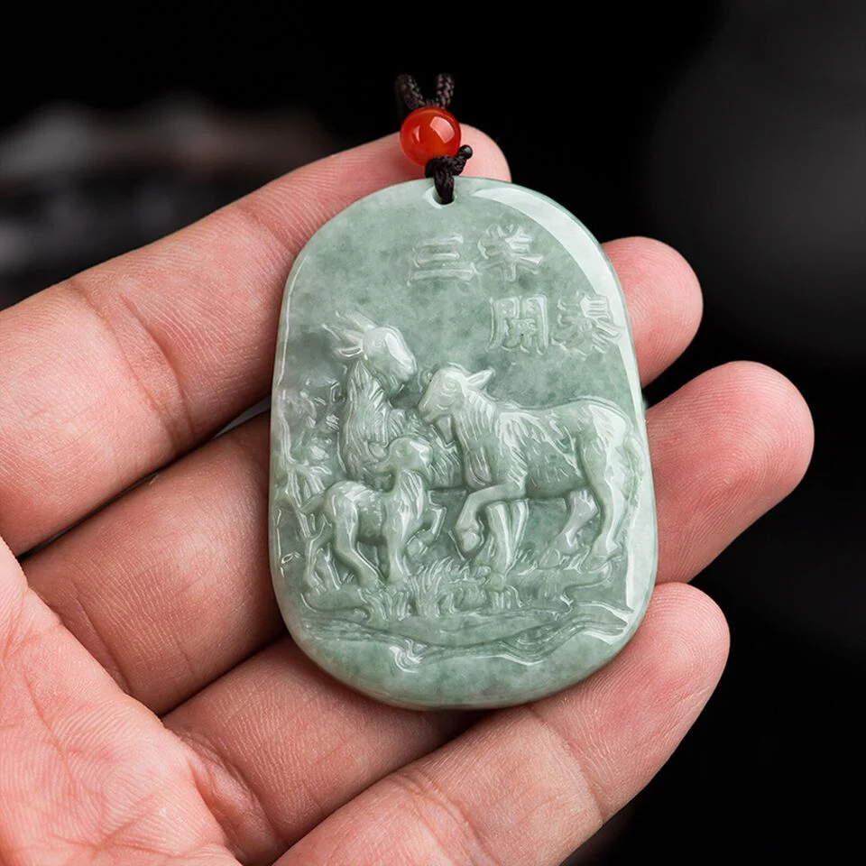 Natural Grade A Jade Jadeite Men Women Gift Lucky Zodiac Three Sheep Pendant - Image 5