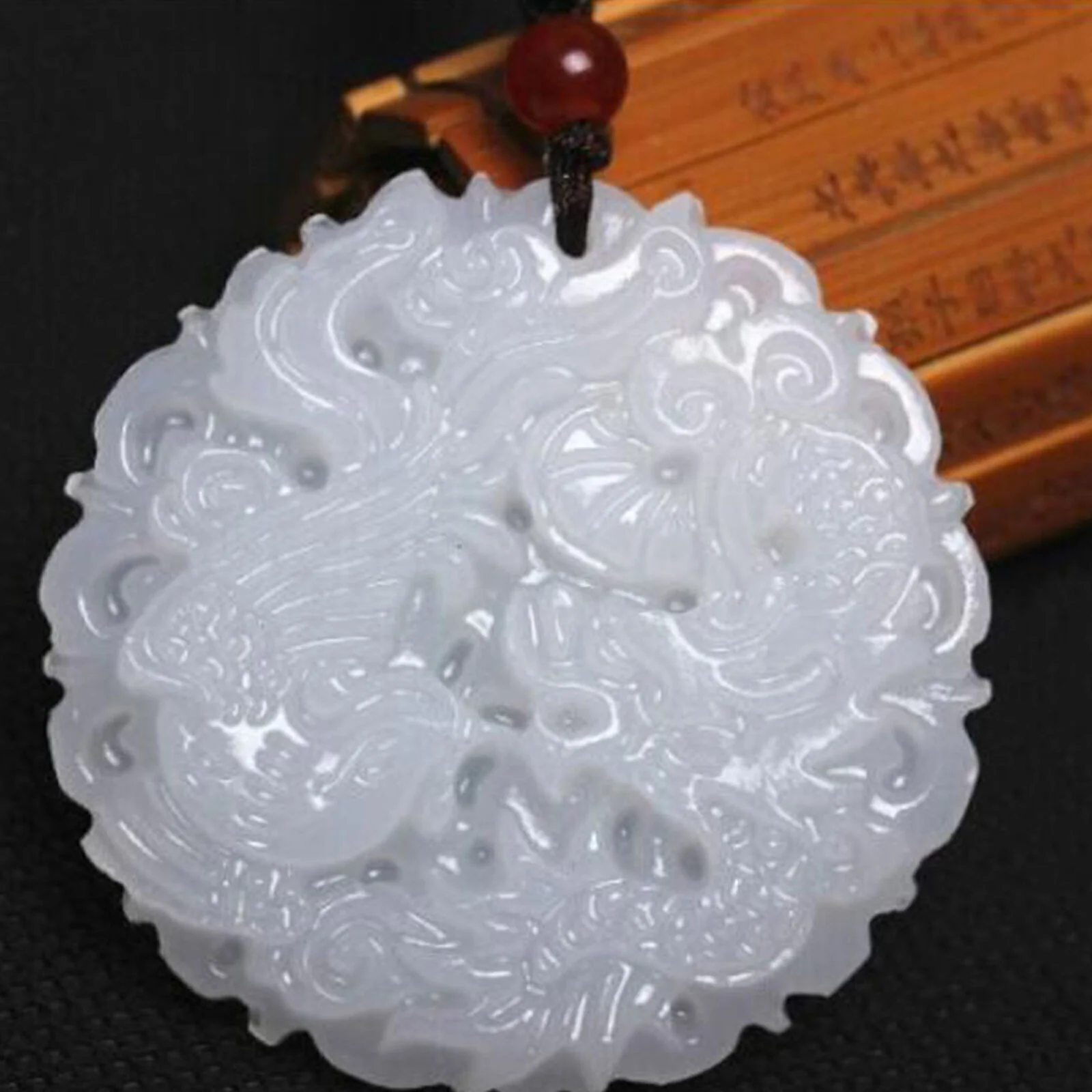 Natural Grade A White Jadeite Jade Dragon and Phoenix Pendant Necklace #44 - Image 3