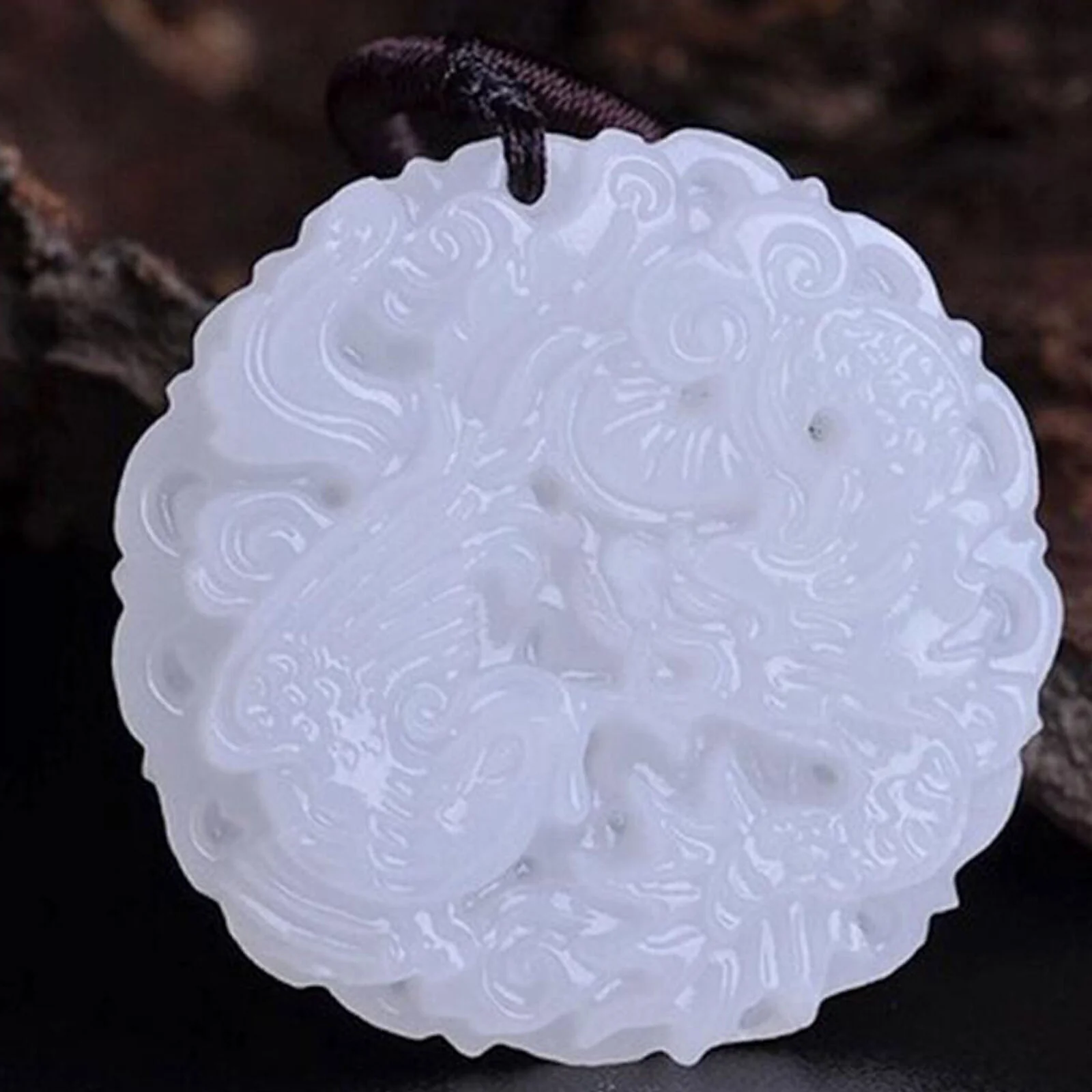 Natural Grade A White Jadeite Jade Dragon and Phoenix Pendant Necklace #44 - Image 4