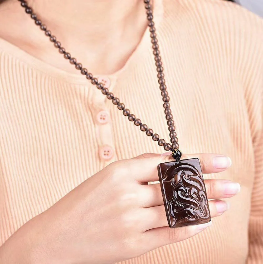 Natural Ice Obsidian Nine Tail Fox Gumiho Necklace Pendant with Bead Chain - Image 2