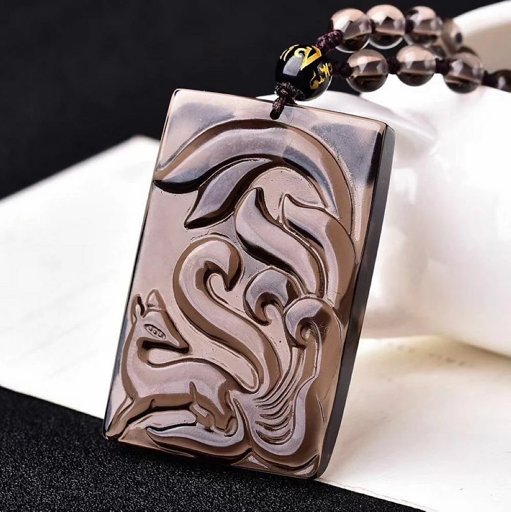 Natural Ice Obsidian Nine Tail Fox Gumiho Necklace Pendant with Bead Chain - Image 5