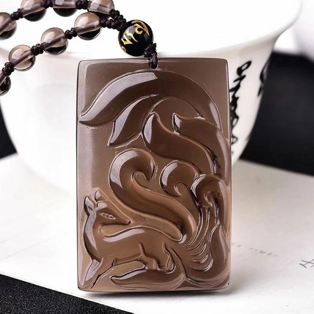 Natural Ice Obsidian Nine Tail Fox Gumiho Necklace Pendant with Bead Chain - Image 6
