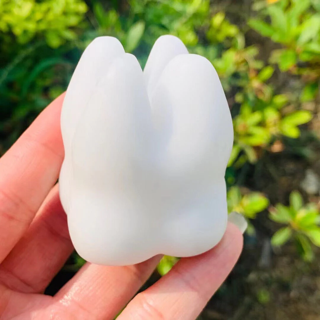 Natural White Jade Quartz Hand Carved Tooth Skull - Image 5