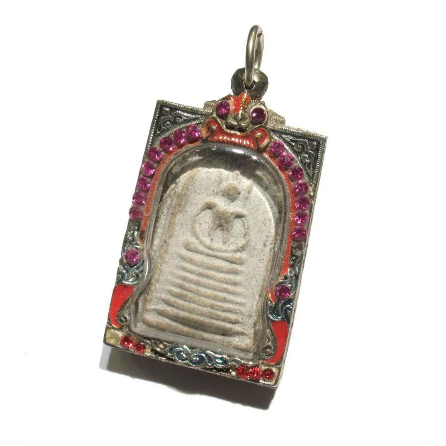 Meditating Buddha Amulet in Enameled Case with Crystals - Image 2