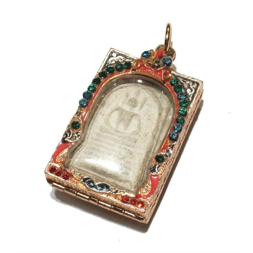 Meditating Buddha Amulet in Enameled Case with Crystals - Image 5