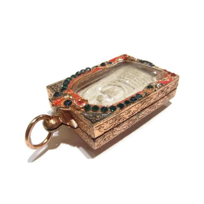 Meditating Buddha Amulet in Enameled Case with Crystals - Image 6