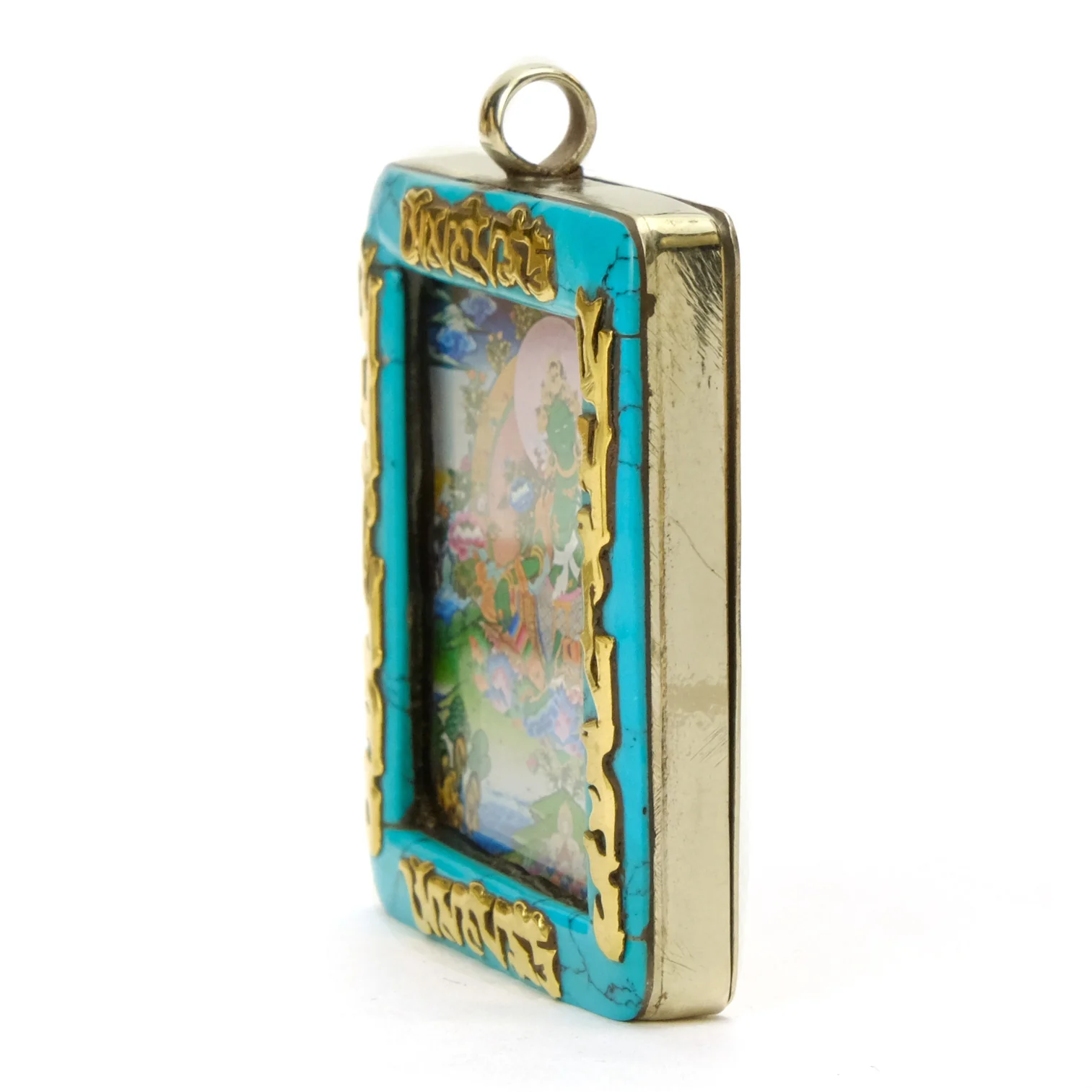 Tibetan Deity Green Tara Pendant Blue Howlite Border with Ohm Mani Padme Ohm Verse # 43 - 3 - Image 2