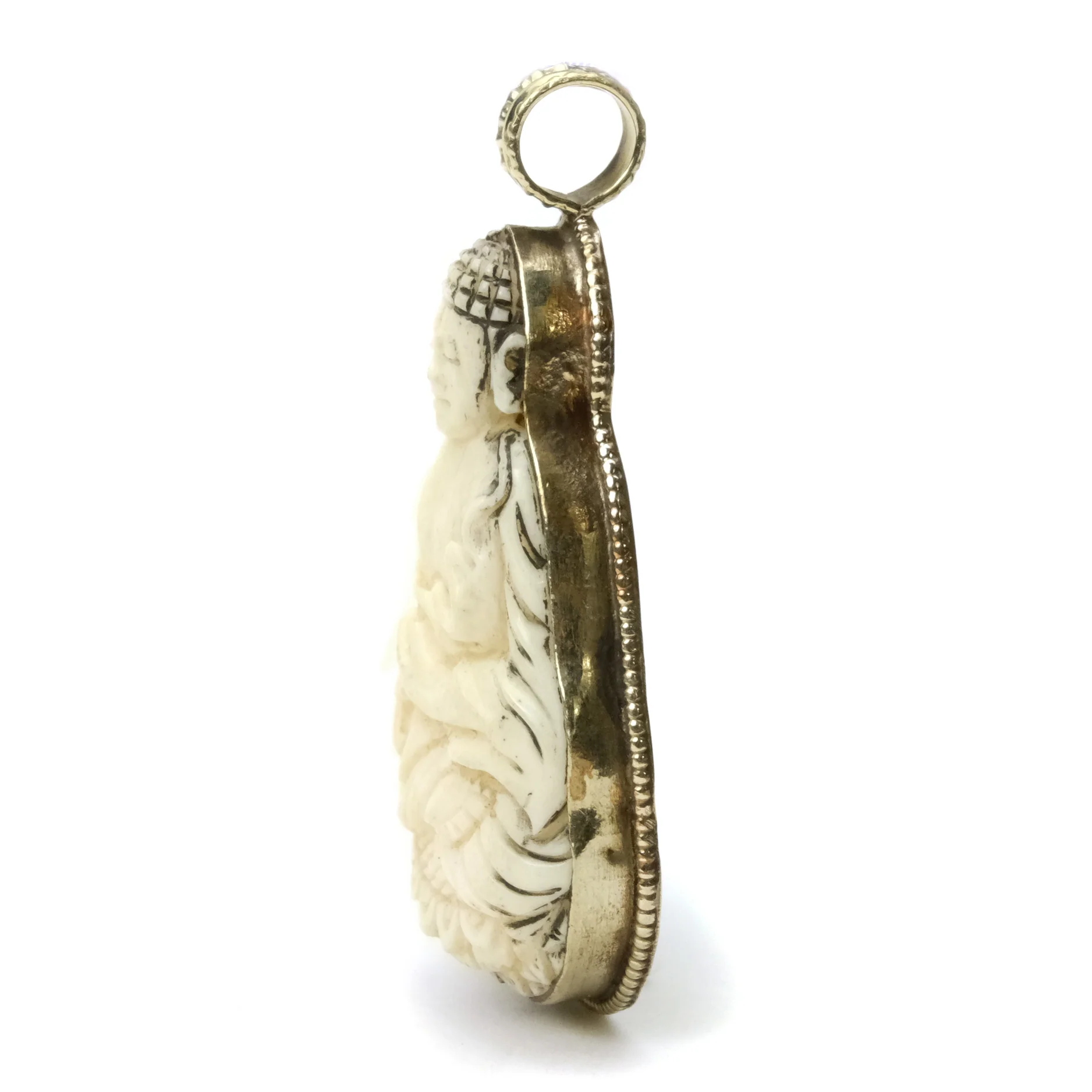 Lord Buddha Bone Pendant Defeating Evil Mudra Set in White Brass Frame - Image 2