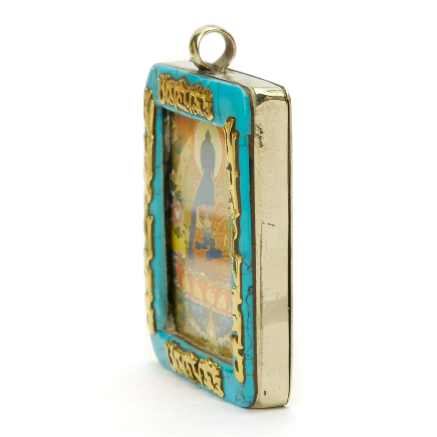 Tibetan Deity Medicine Buddha Pendant Blue Howlite Border with Ohm Mani Padme Ohm Verse # 43 - 2 - Image 2
