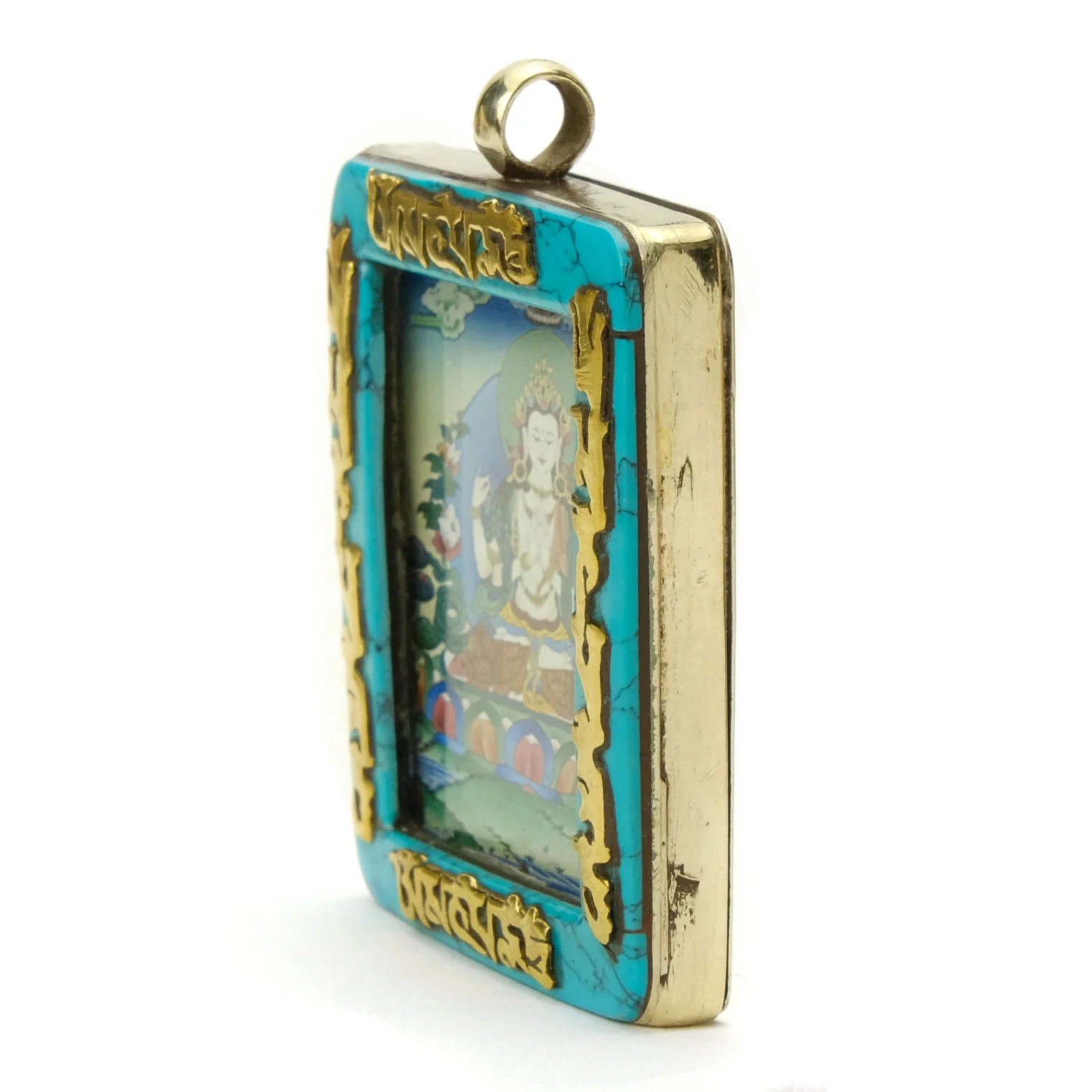 Tibetan Deity Chenrezig Pendant Blue Howlite Border with Ohm Mani Padme Ohm Verse # 43 - 1 - Image 2