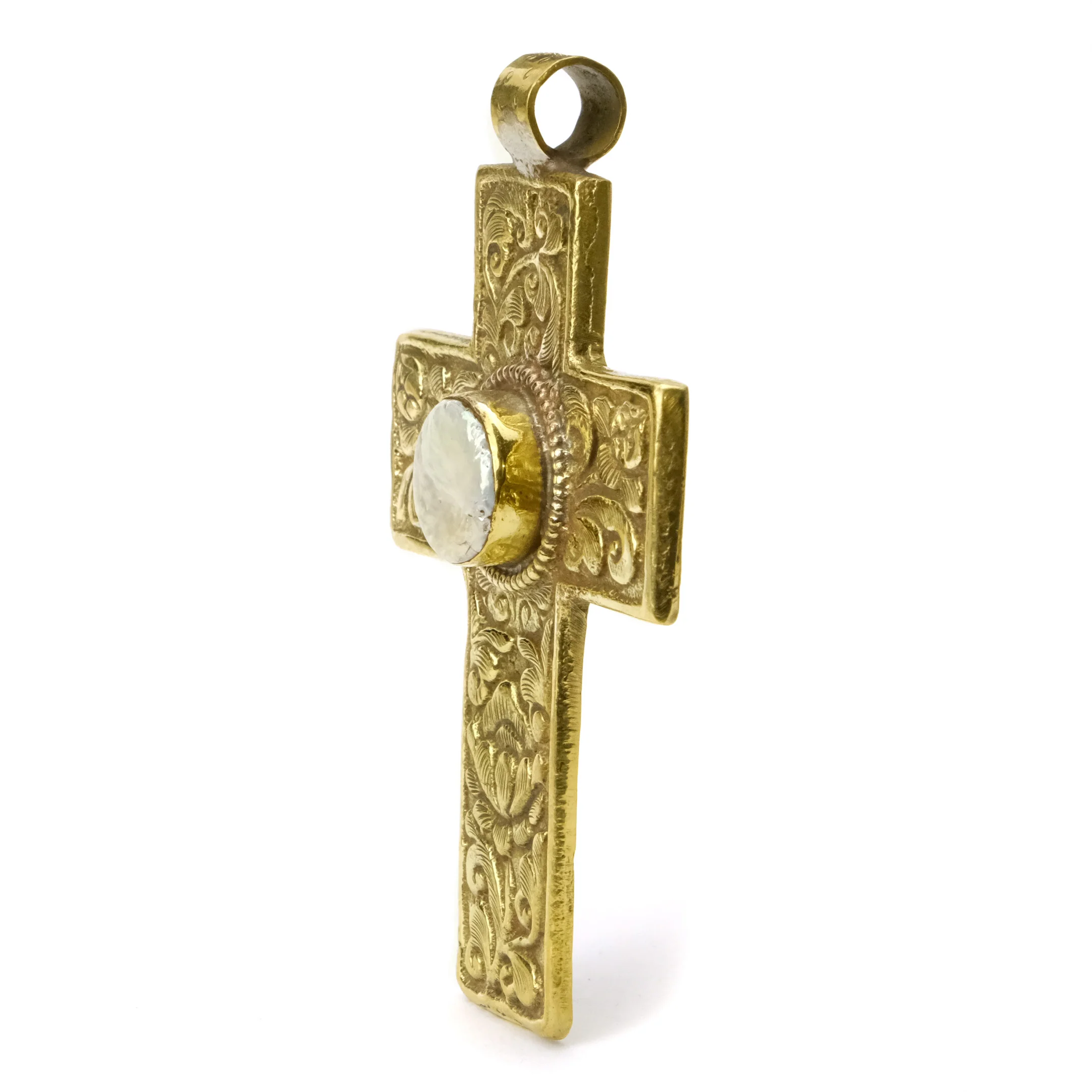 Cross with Inset Raw Pearl Coin in Gold Brass Frame # 57 -2 - Image 2