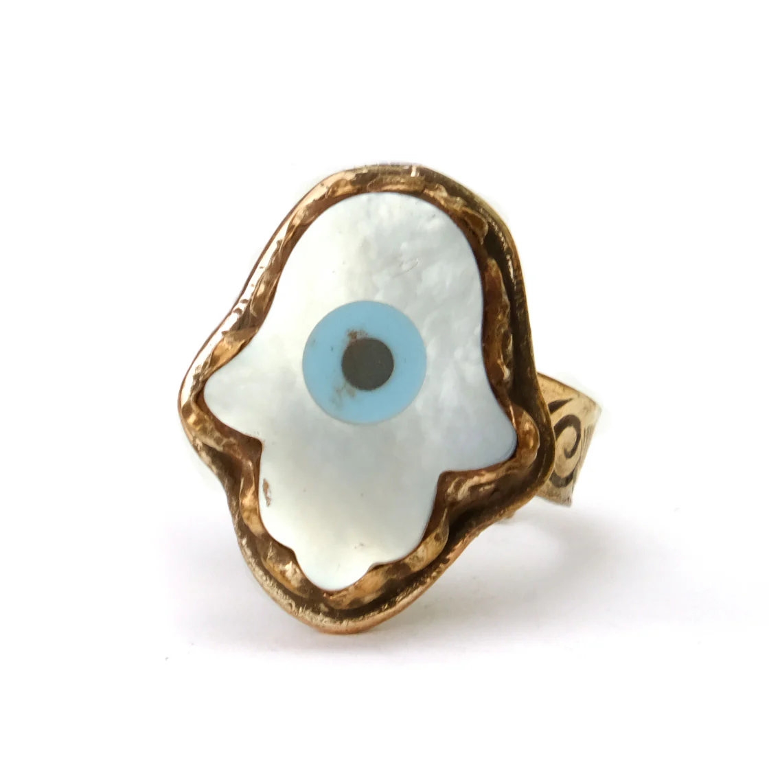 Hamsa with Evil Eye Mother of Pearl Adjustable Copper Ring # 34 - Image 2
