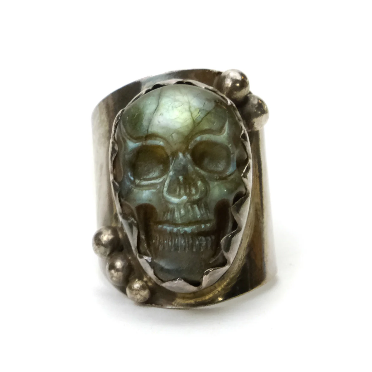 Labradorite Memento Mori Finely Carved Skull Cabochon in Ring Sterling Silver 2 - Image 2
