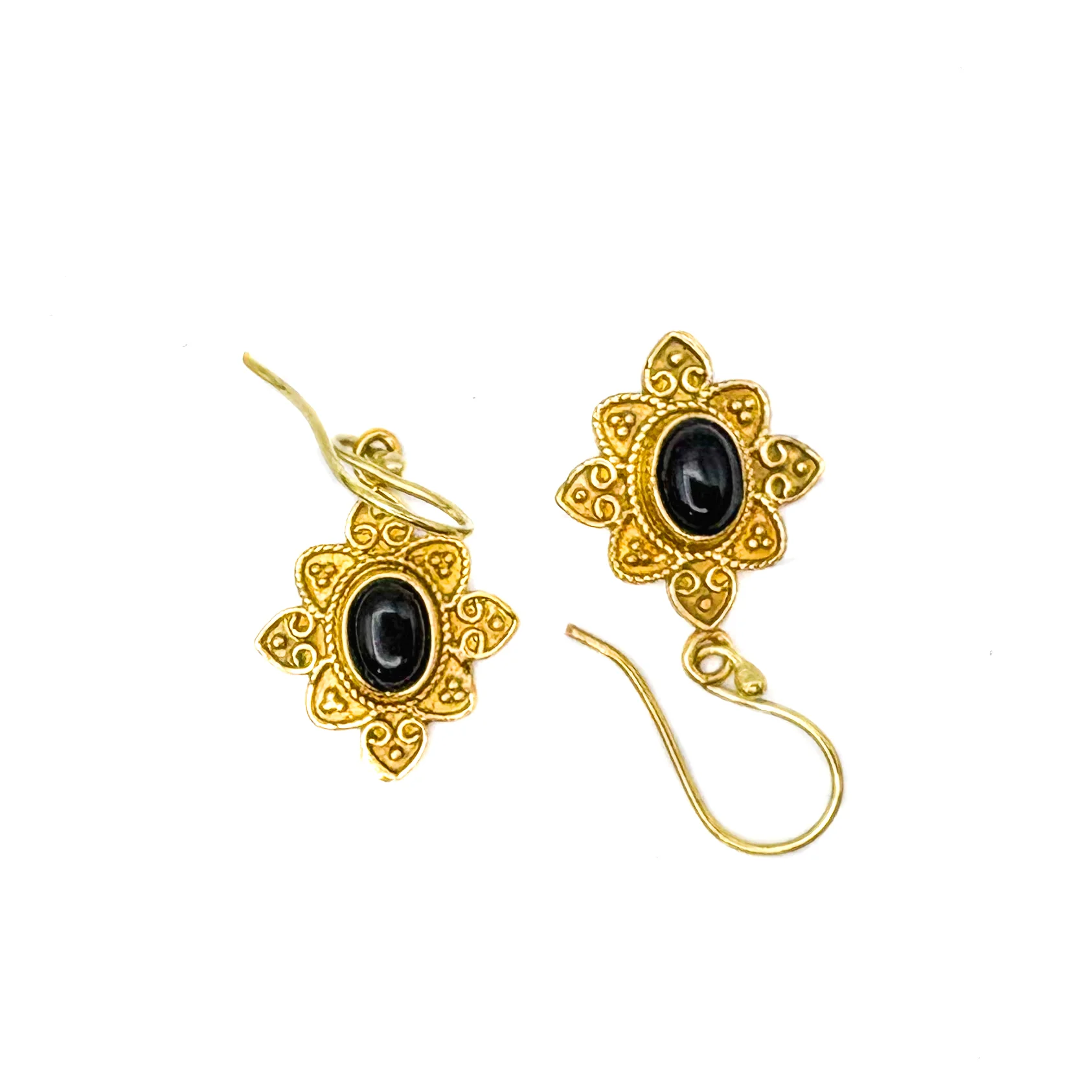 Onyx Heart Flower Brass Earrings - Image 2