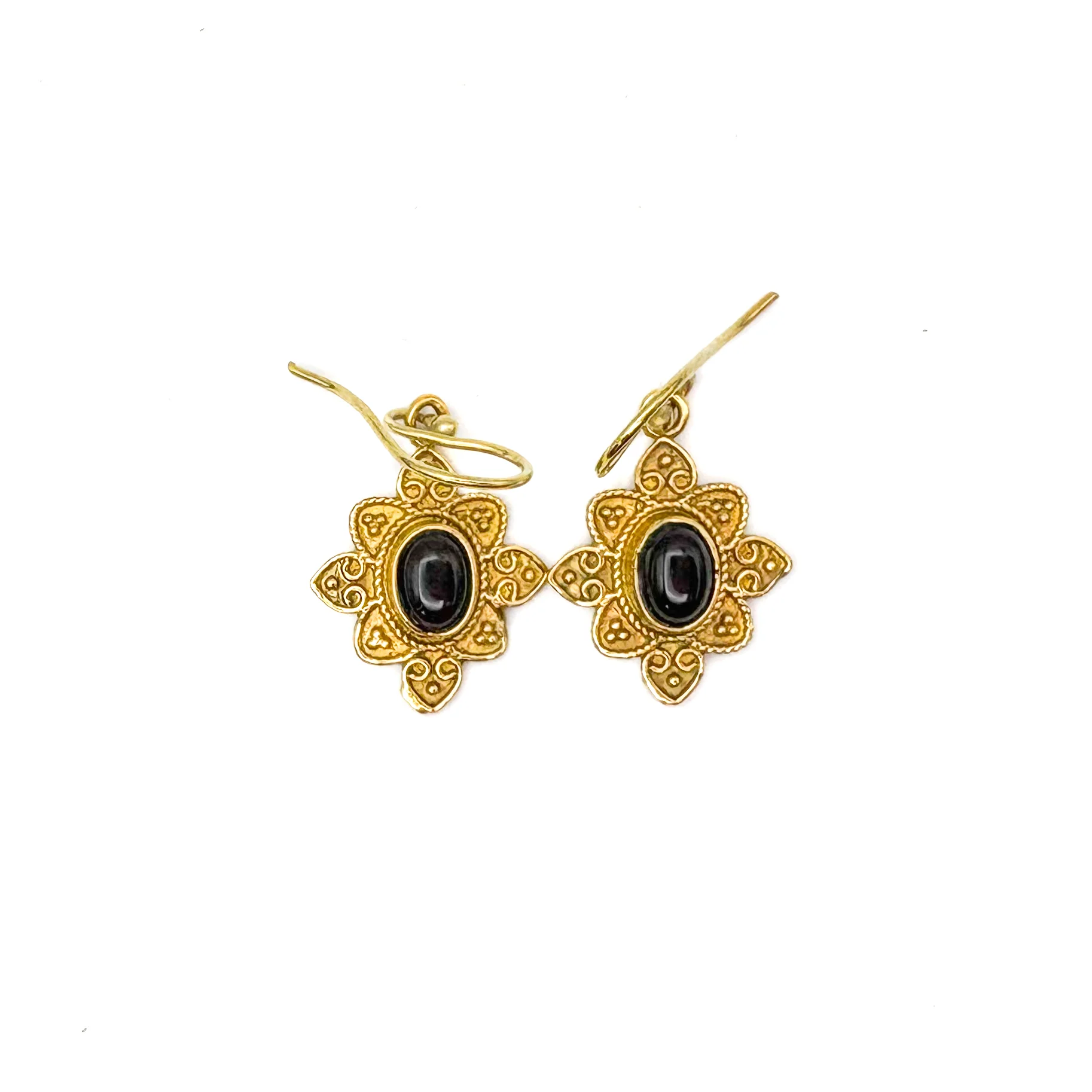 Onyx Heart Flower Brass Earrings - Image 4