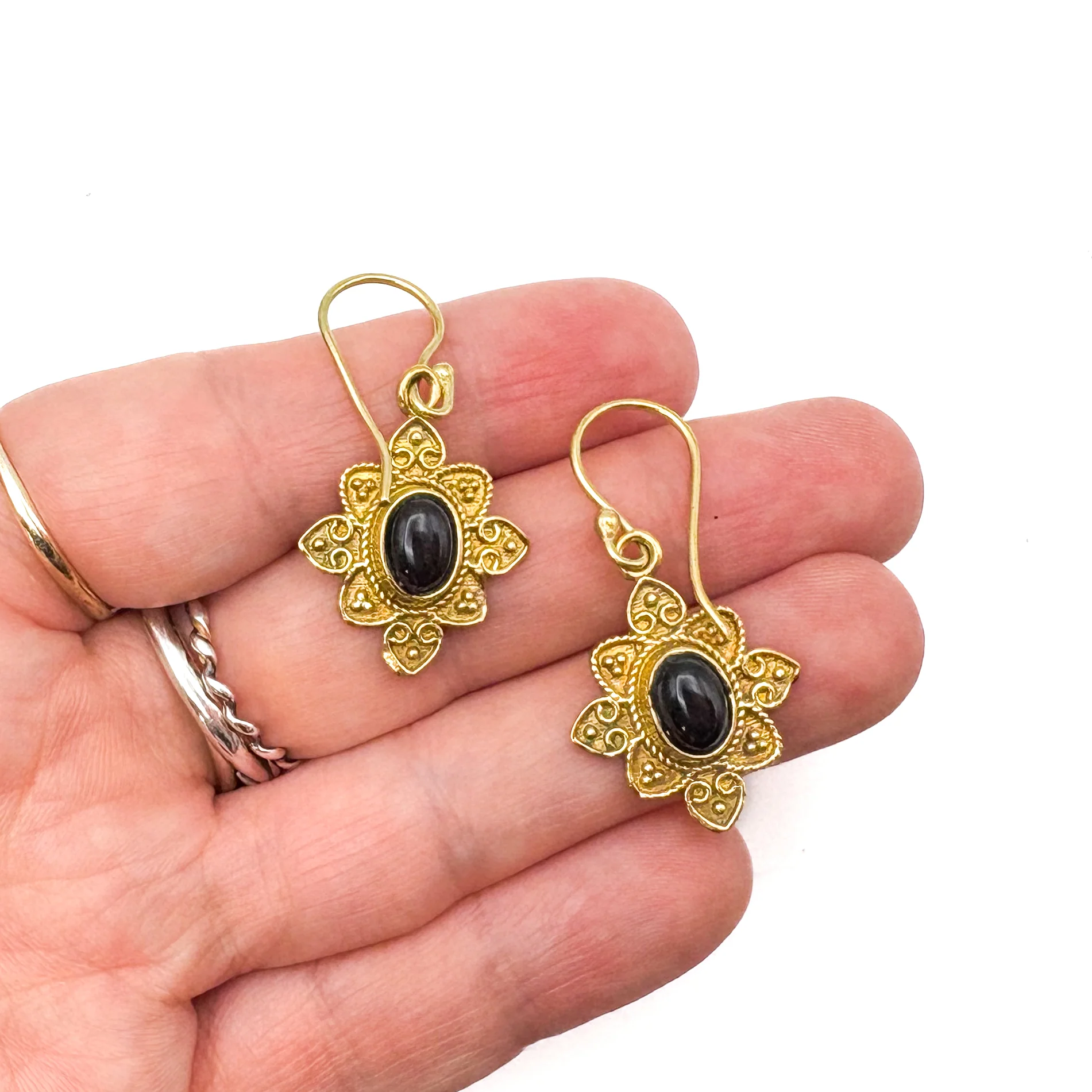 Onyx Heart Flower Brass Earrings - Image 8