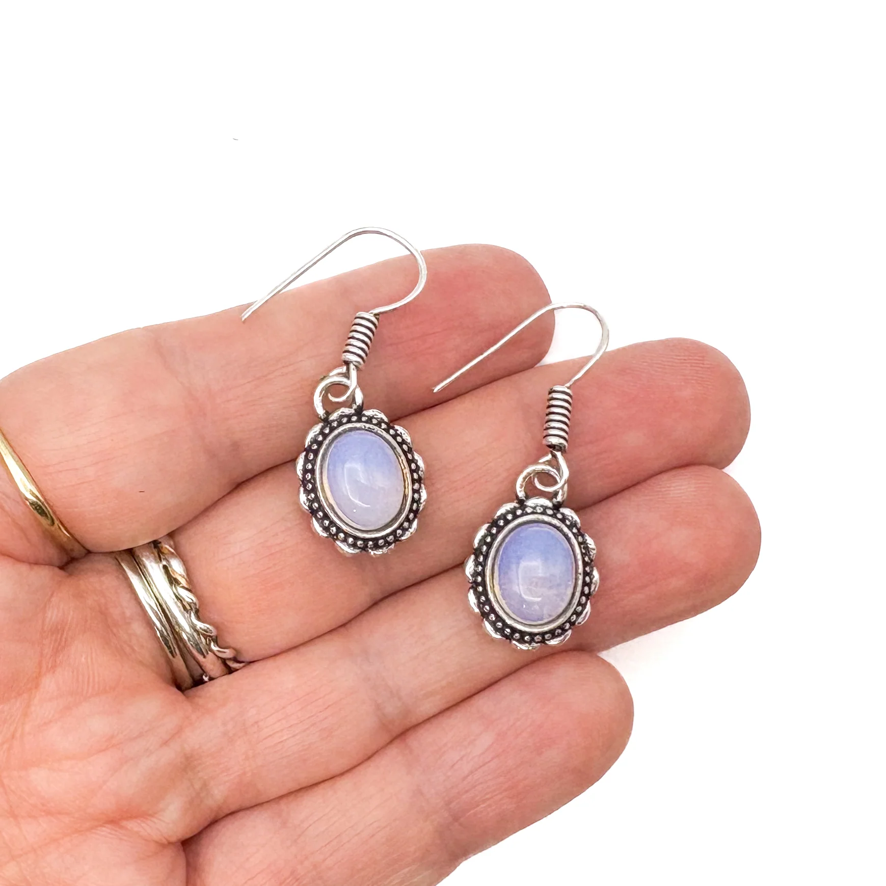 Opalite Oval Dots White Brass Earrings - Image 10