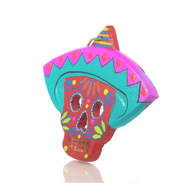 Painted Wooden Skull with Sombrero Ornament - Image 3
