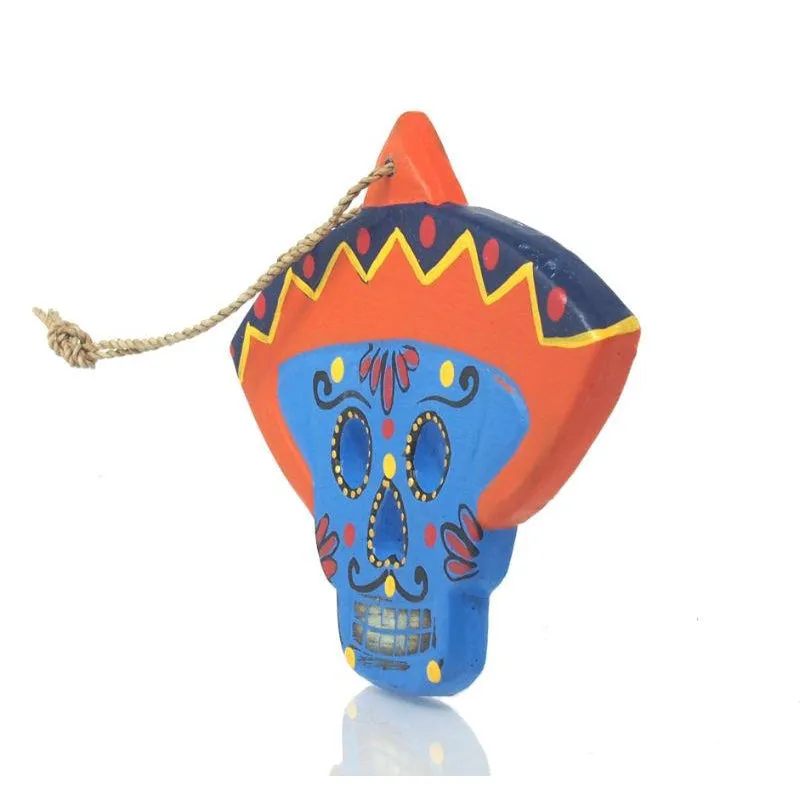 Painted Wooden Skull with Sombrero Ornament - Image 5
