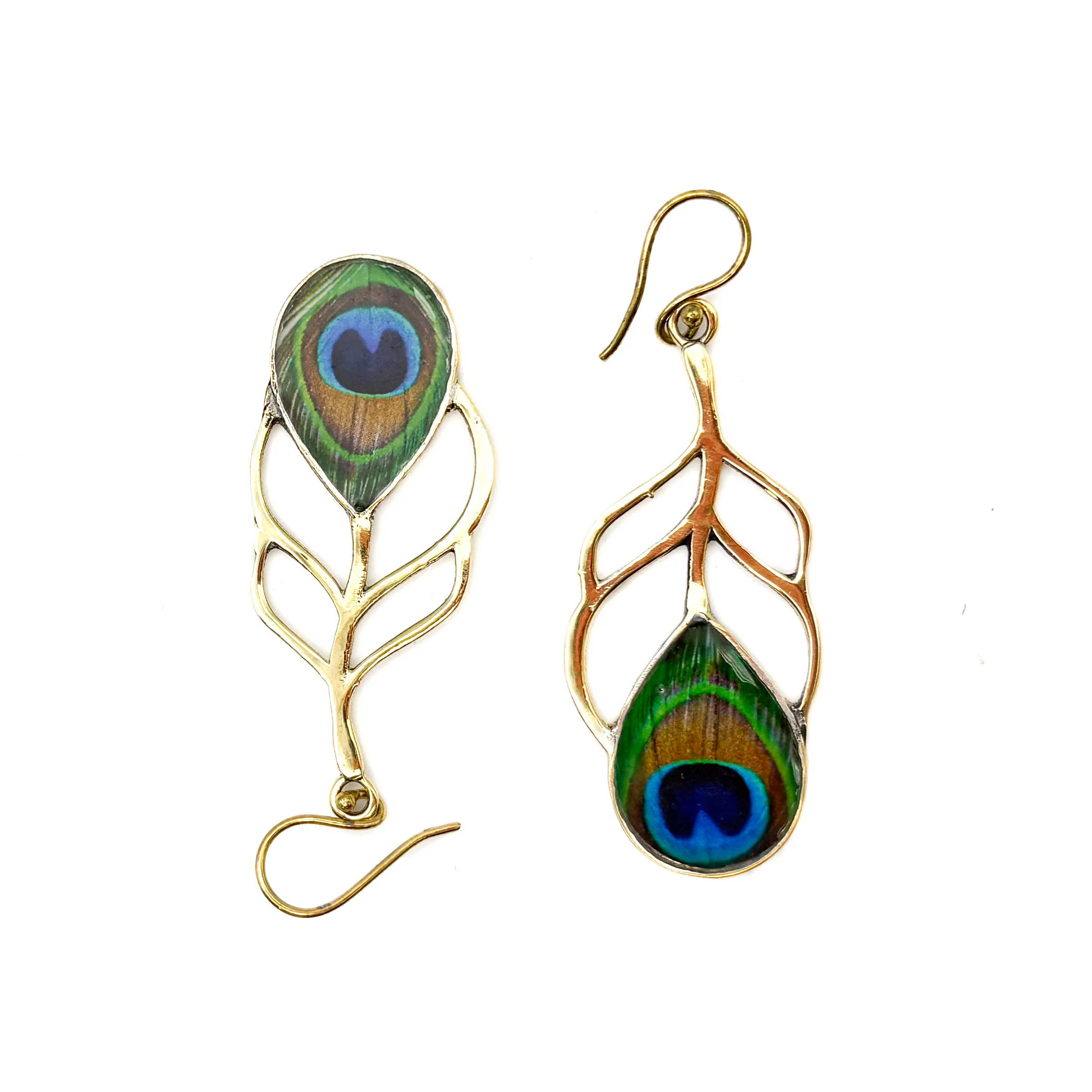 Peacock Feather Cut Out Brass Earrings - Image 2