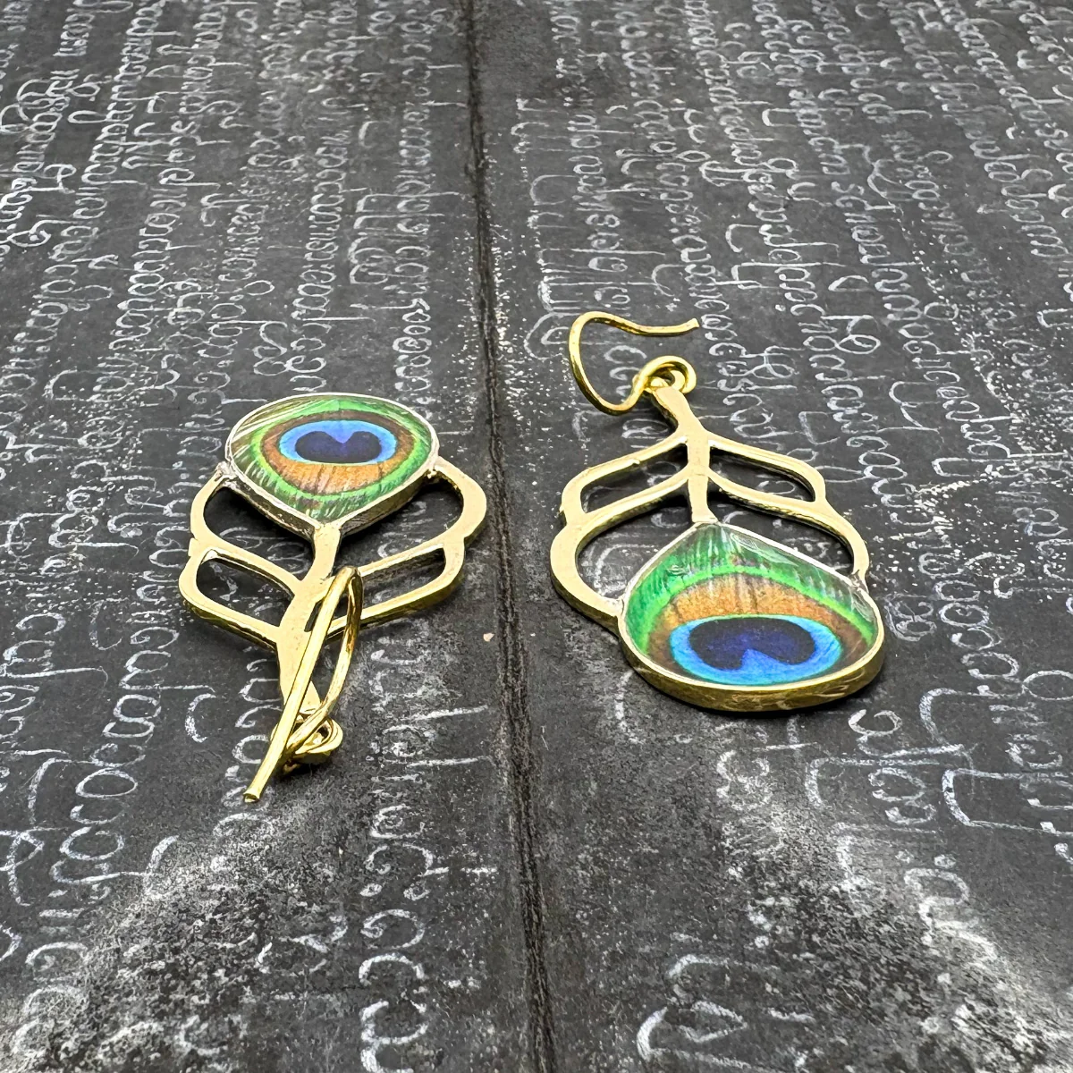 Peacock Feather Cut Out Brass Earrings - Image 5