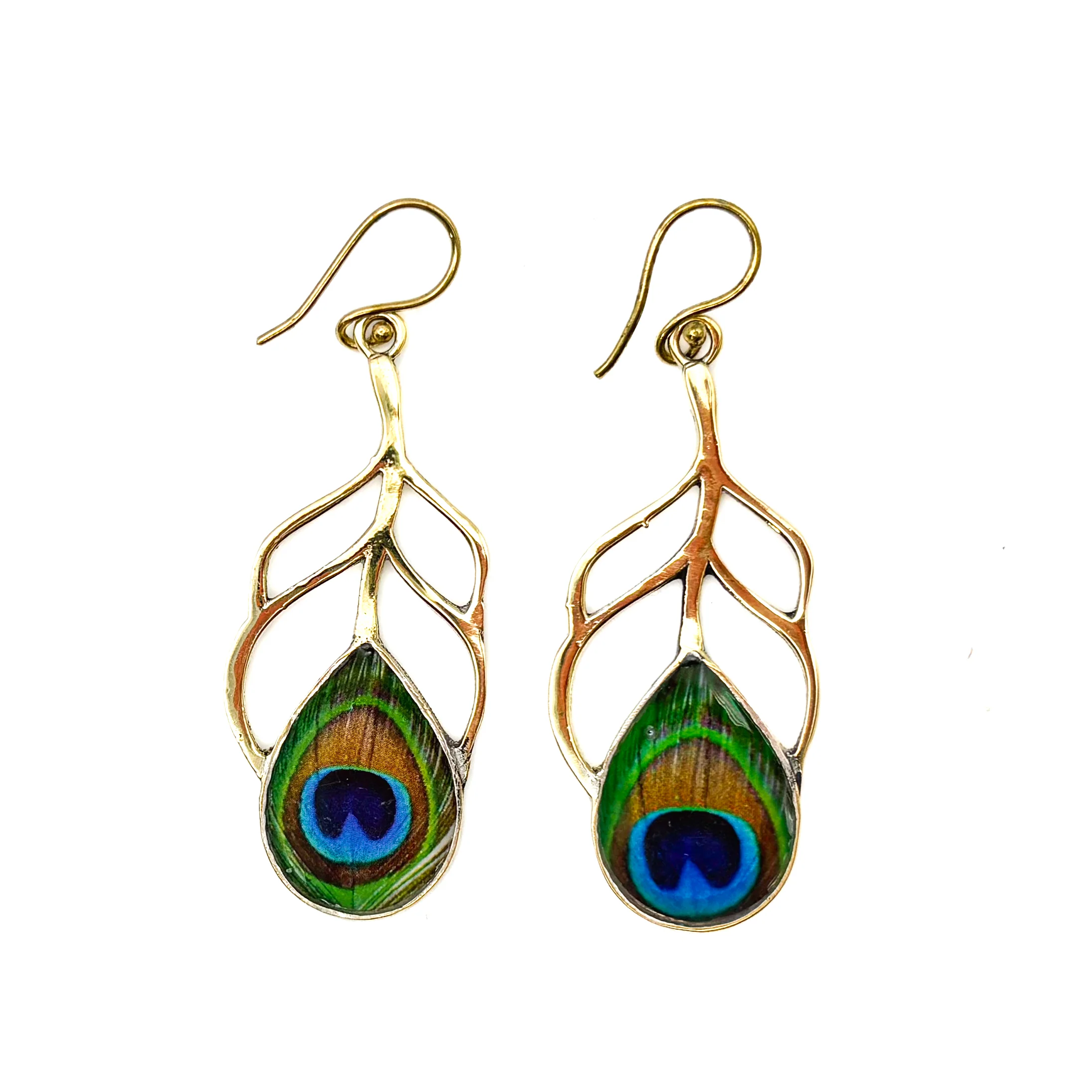 Peacock Feather Cut Out Brass Earrings - Image 6
