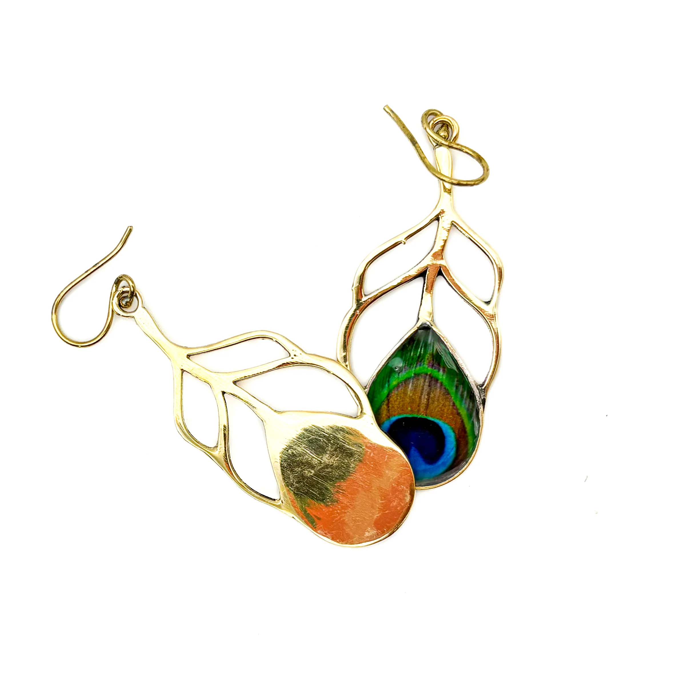 Peacock Feather Cut Out Brass Earrings - Image 8