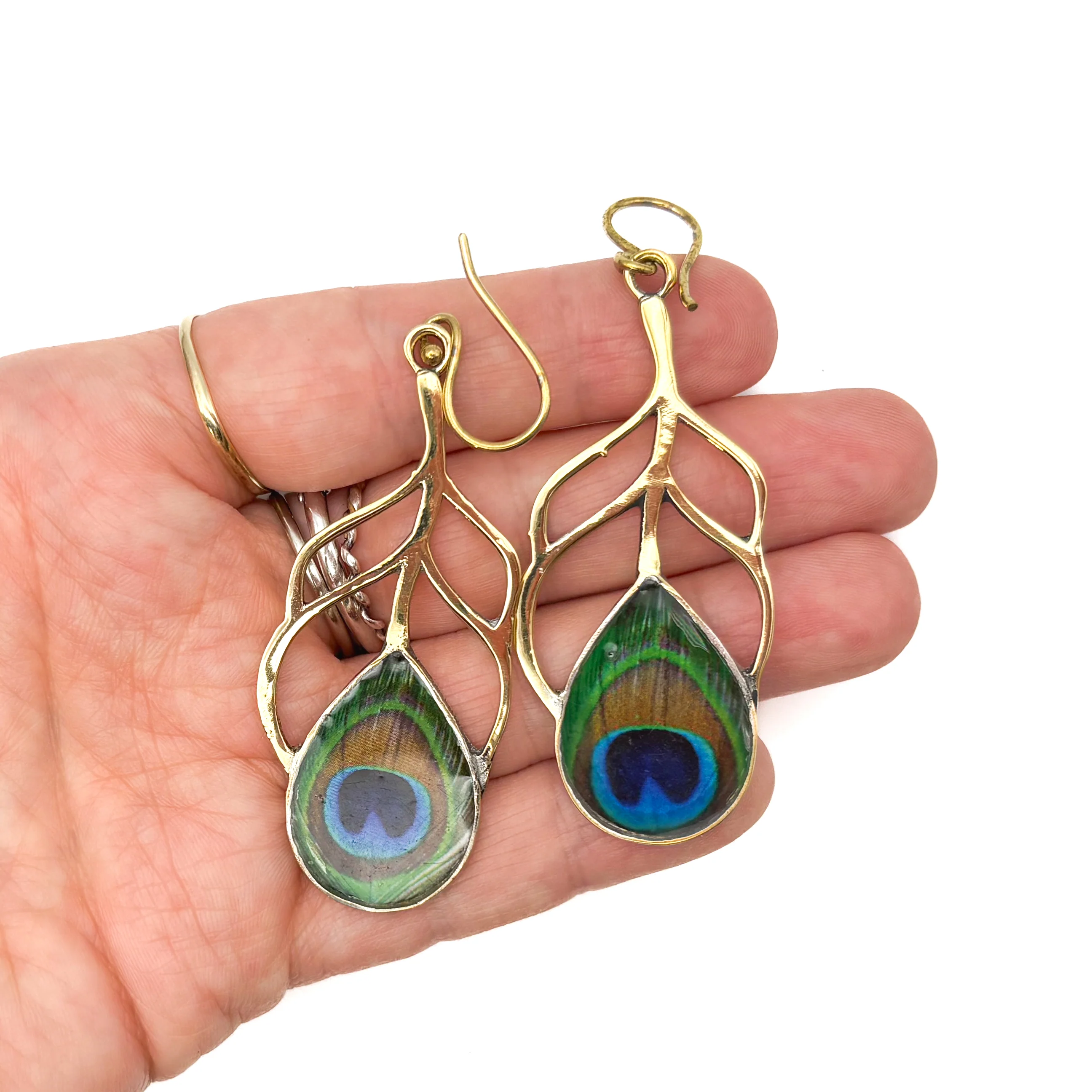 Peacock Feather Cut Out Brass Earrings - Image 9