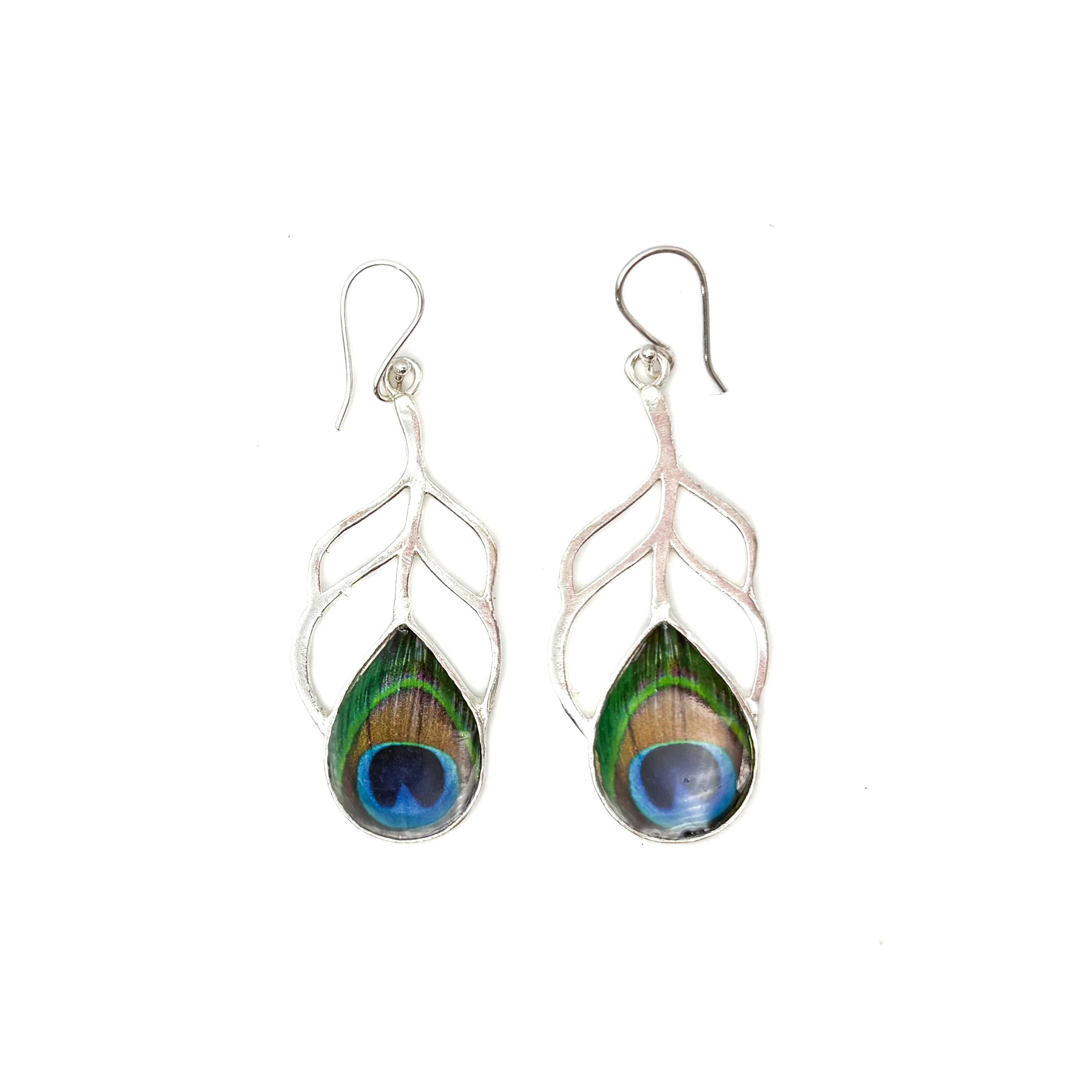 Peacock Feather Cut Out White Brass Earrings - Image 2