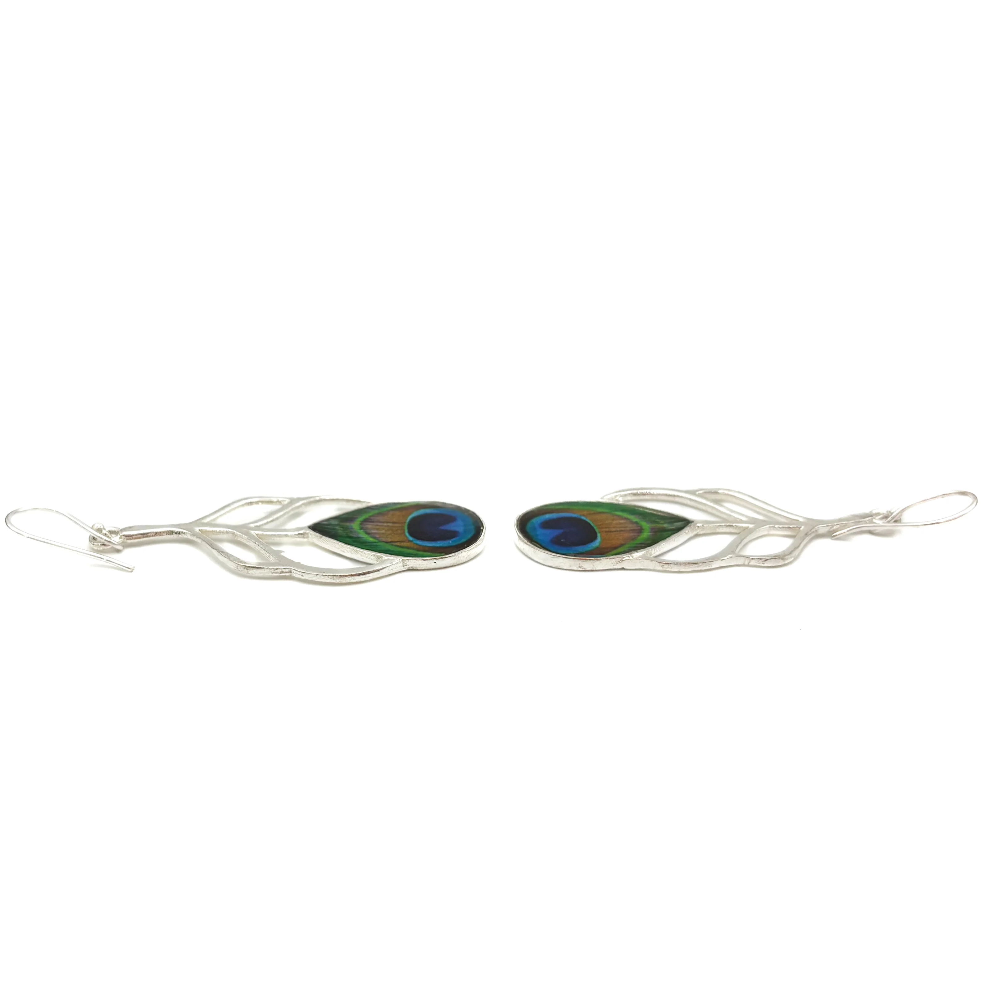 Peacock Feather Cut Out White Brass Earrings - Image 8