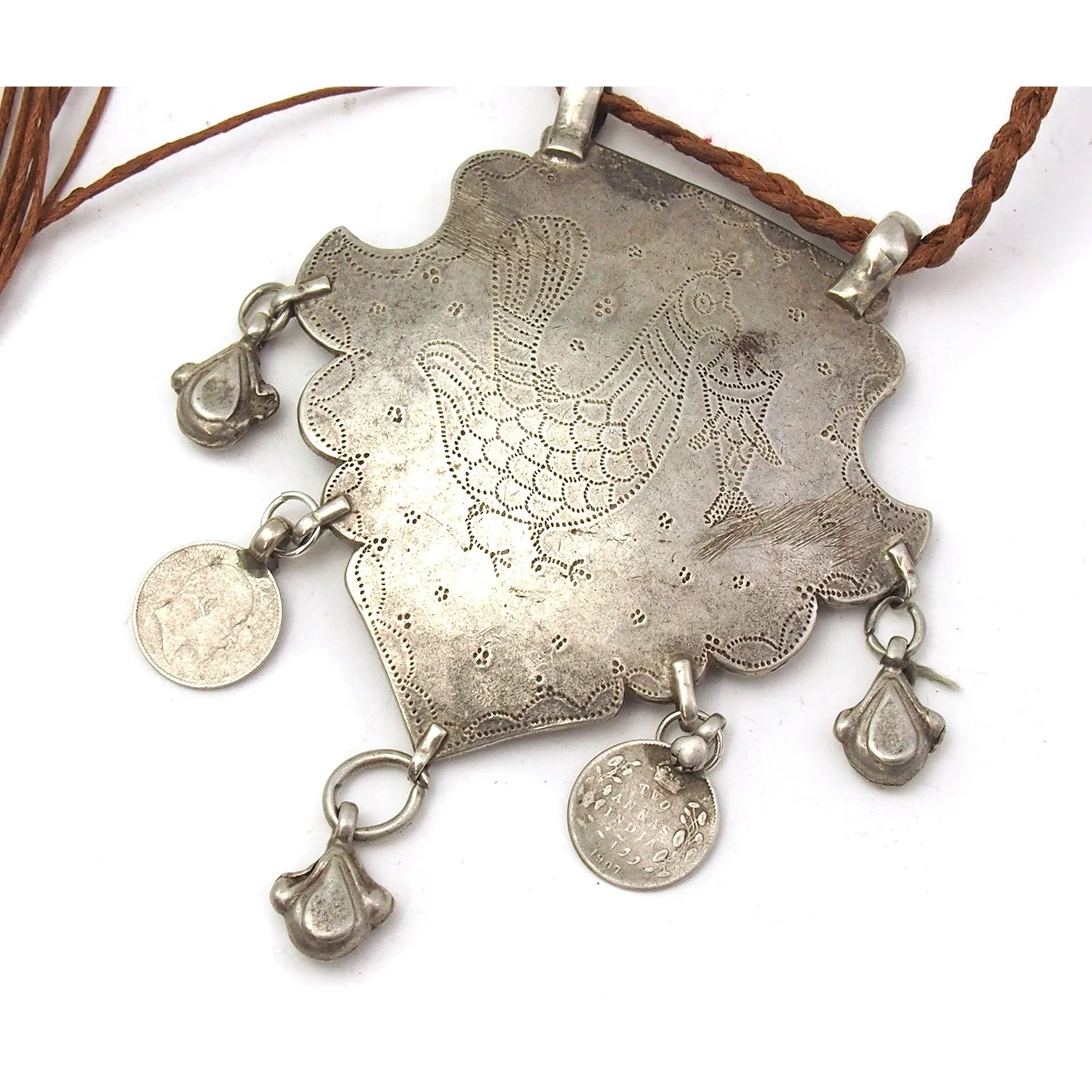 Peahen Capturing A Fish Silver Afghan Dowry Amulet Pendant Necklace - Image 2