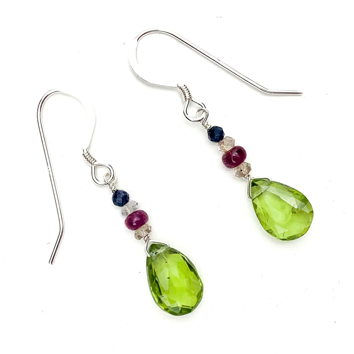 Peridot, Sapphire and Ruby Earrings with Sterling Silver Ear Wires - Image 2