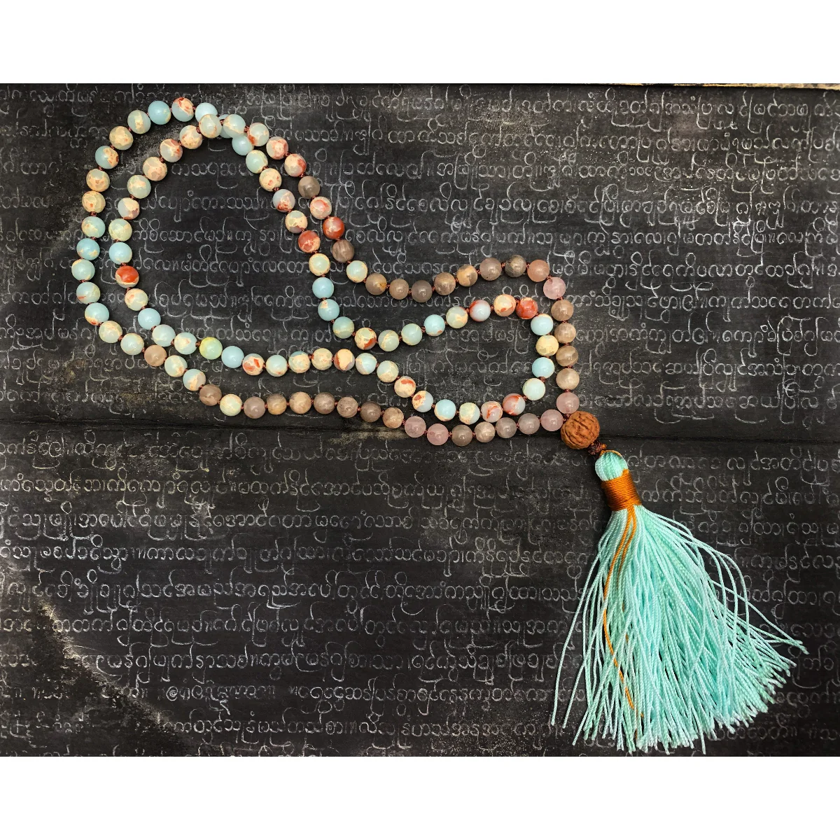 Pink Chalcedony with African Opal 6mm Knotted Mala with Silk Tassel #111 - Image 2