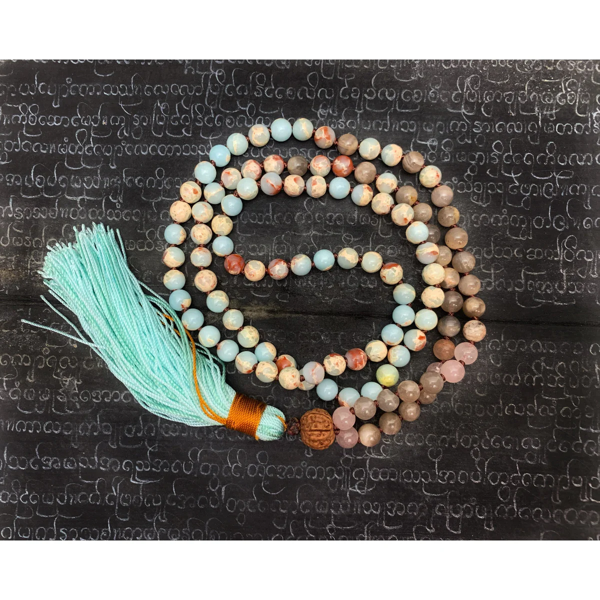 Pink Chalcedony with African Opal 6mm Knotted Mala with Silk Tassel #111 - Image 3