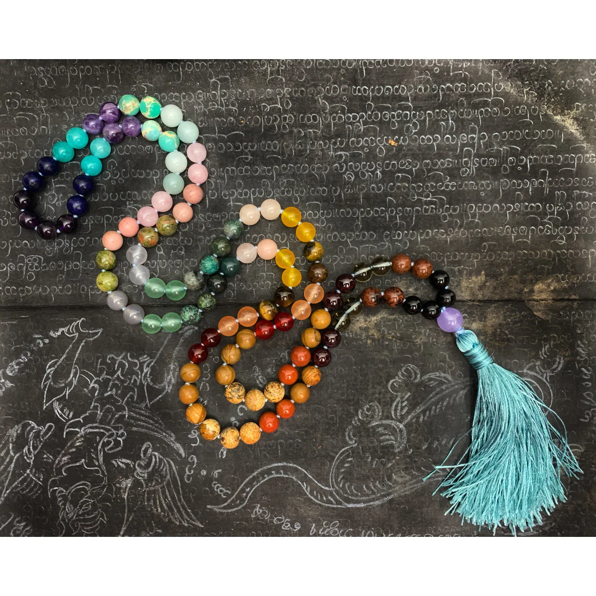 Rainbow Gemstone 8mm Knotted Mala with Silk Tassel # 64 - Image 2