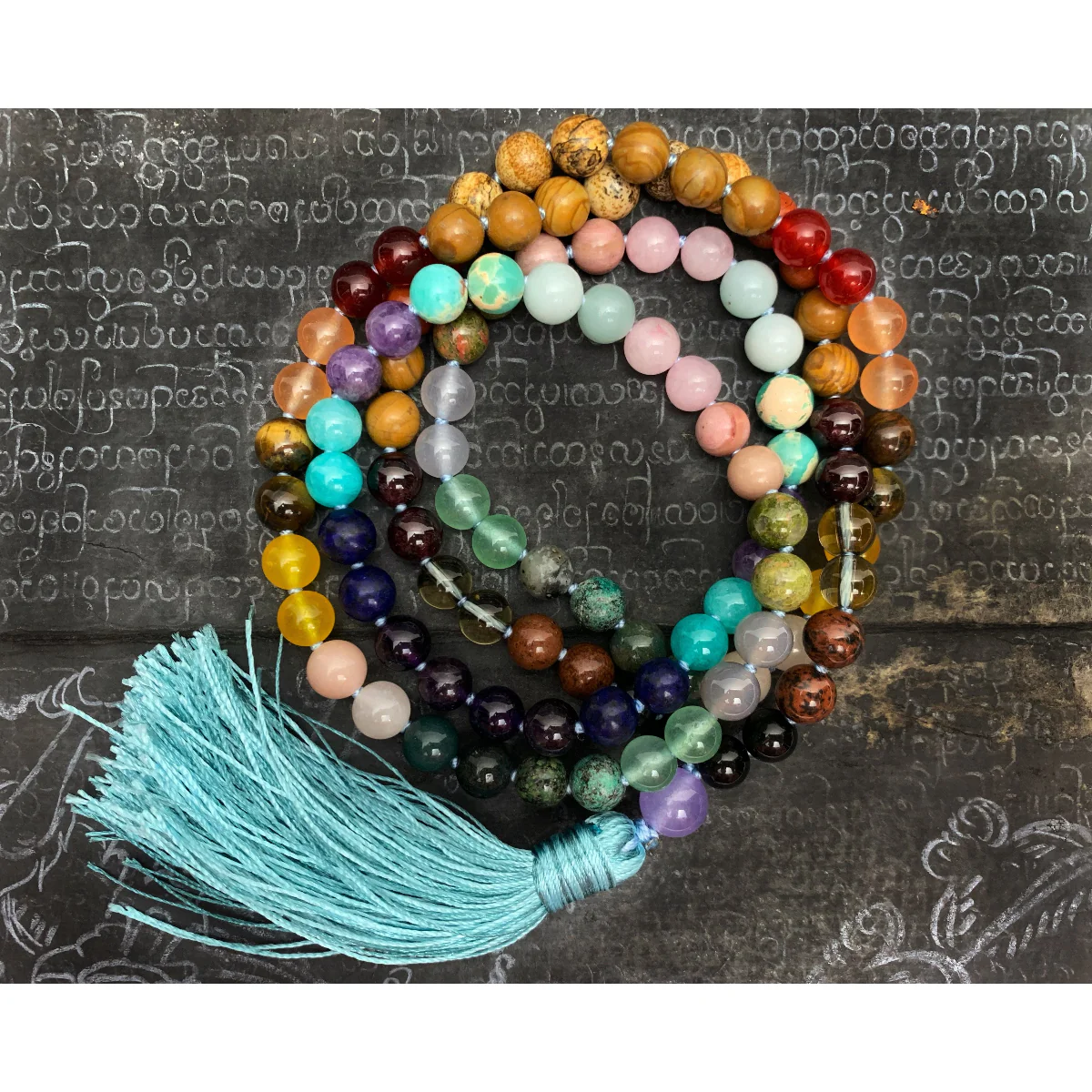 Rainbow Gemstone 8mm Knotted Mala with Silk Tassel # 64 - Image 3
