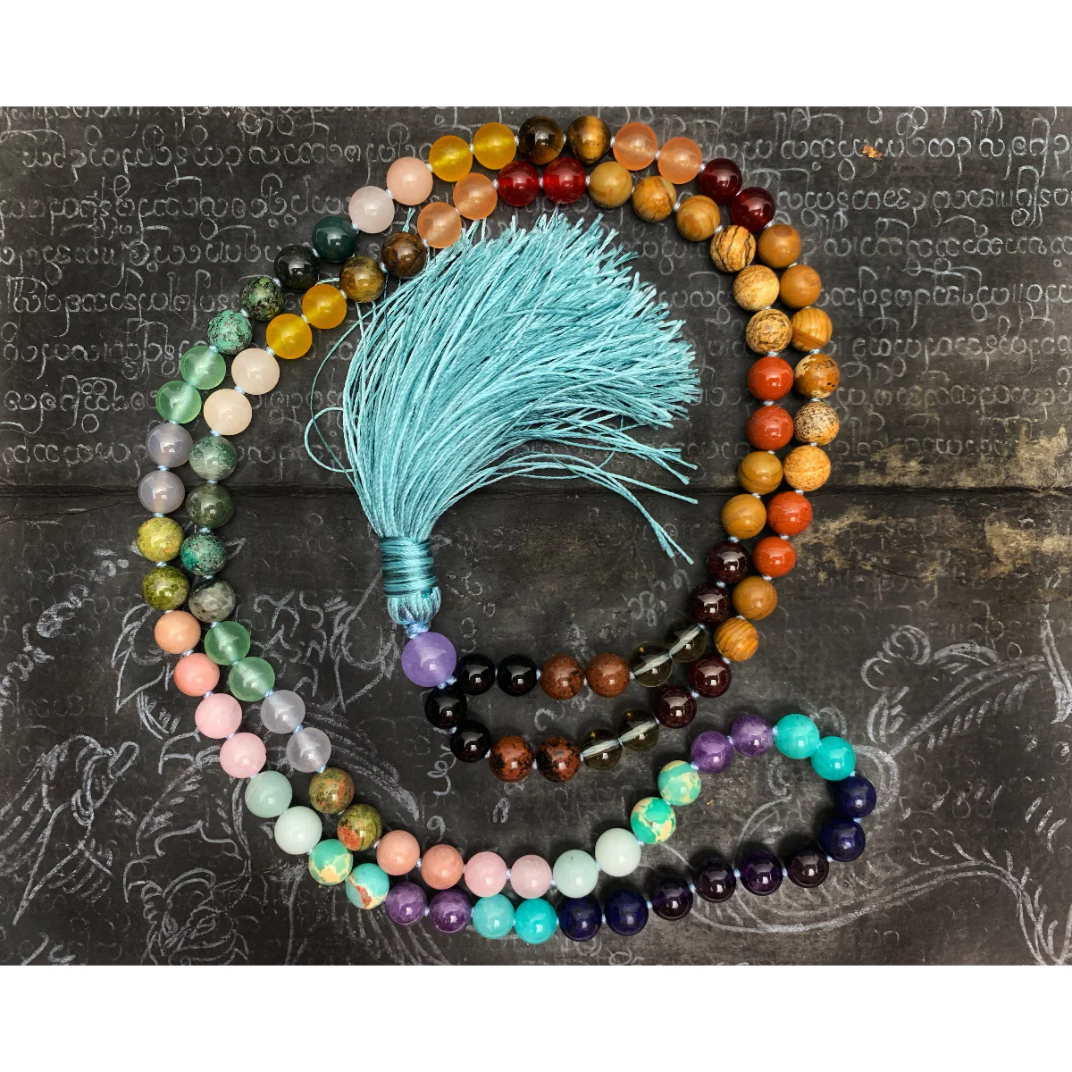 Rainbow Gemstone 8mm Knotted Mala with Silk Tassel # 64 - Image 4