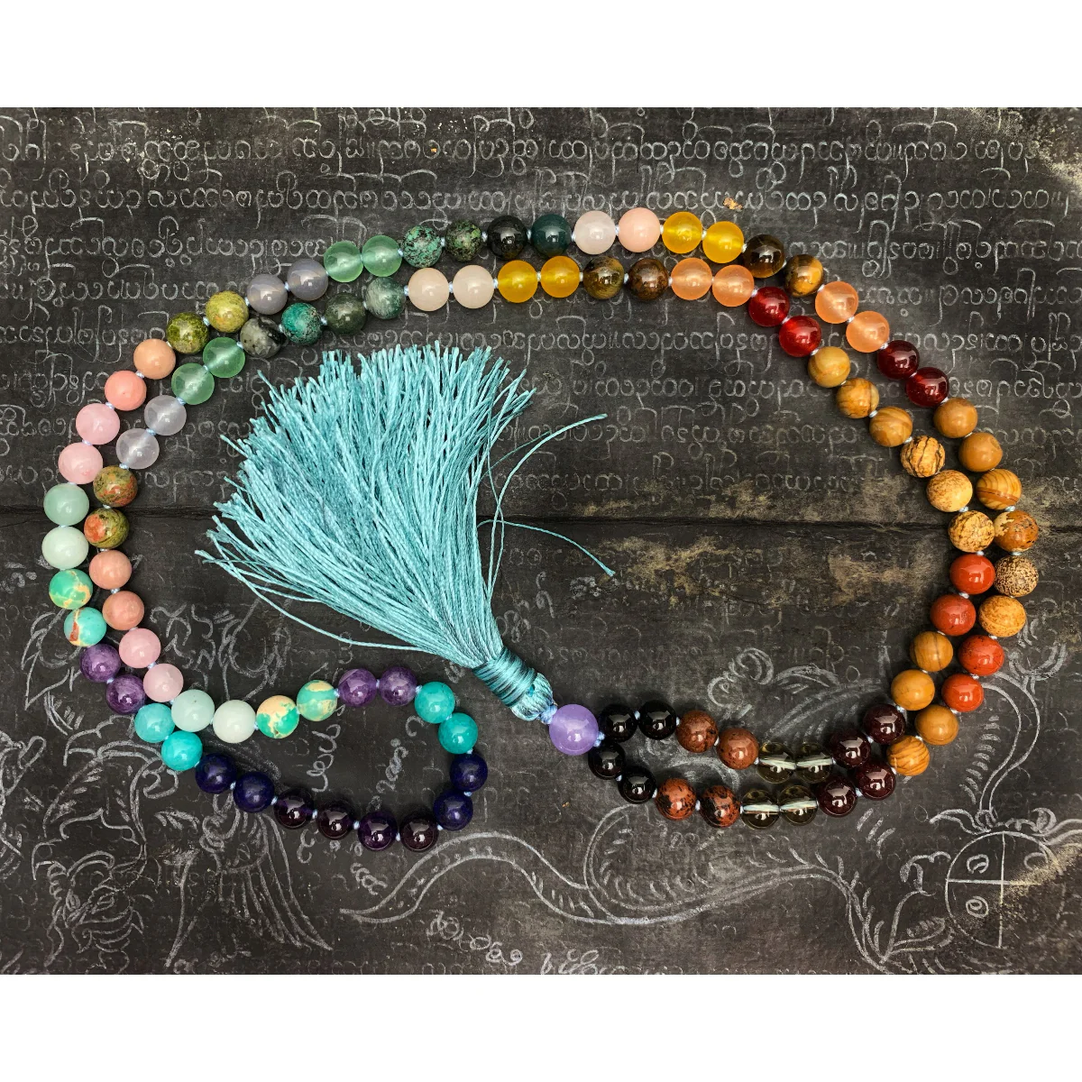 Rainbow Gemstone 8mm Knotted Mala with Silk Tassel # 64 - Image 5
