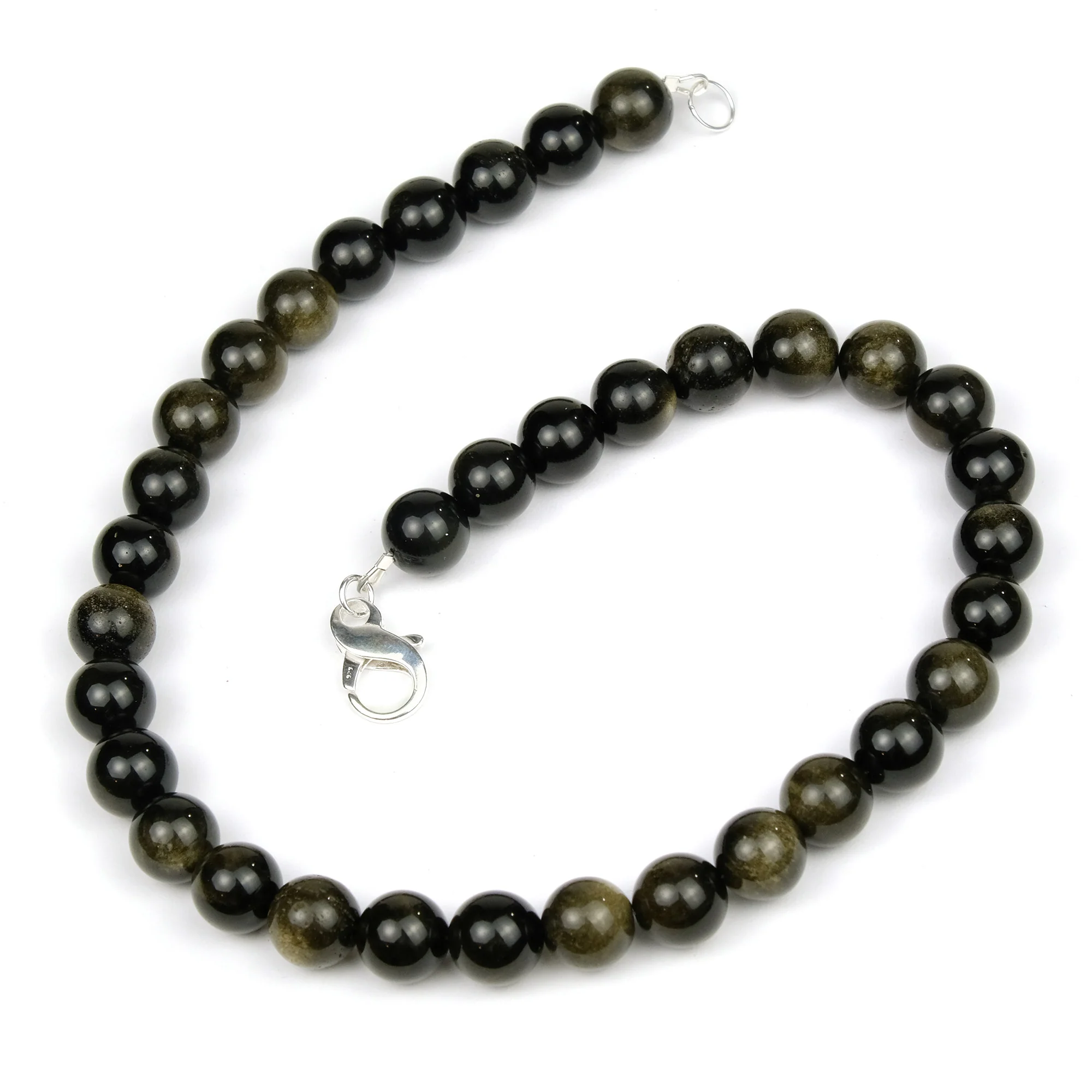 Rainbow Obsidian 12mm Smooth Rounds Necklace with Sterling Silver Fancy Lobster Clasp - Image 2
