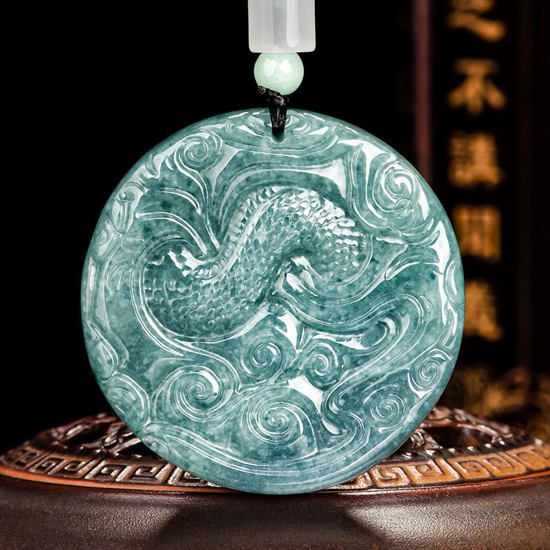 Real Grade A Natural Blue Jade Jadeite Men Women Lucky Circle Dragon with Pearl Symbol Double Sided Pendant - Image 2
