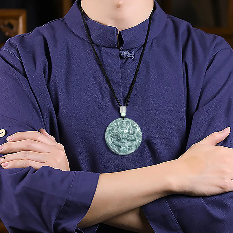Real Grade A Natural Blue Jade Jadeite Men Women Lucky Circle Dragon with Pearl Symbol Double Sided Pendant - Image 3