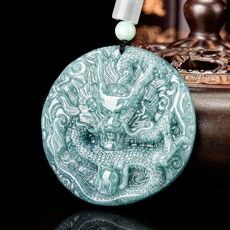 Real Grade A Natural Blue Jade Jadeite Men Women Lucky Circle Dragon with Pearl Symbol Double Sided Pendant - Image 4