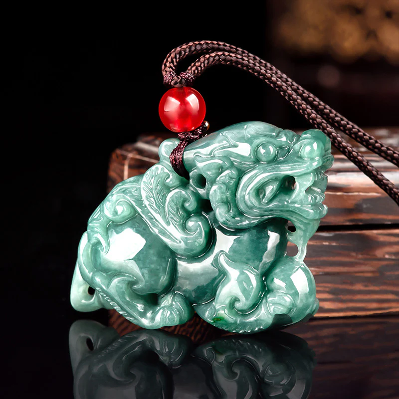 Real Grade A Natural Full Green Jade Jadeite Lucky Dragon Son Pixiu Pendant - Image 2