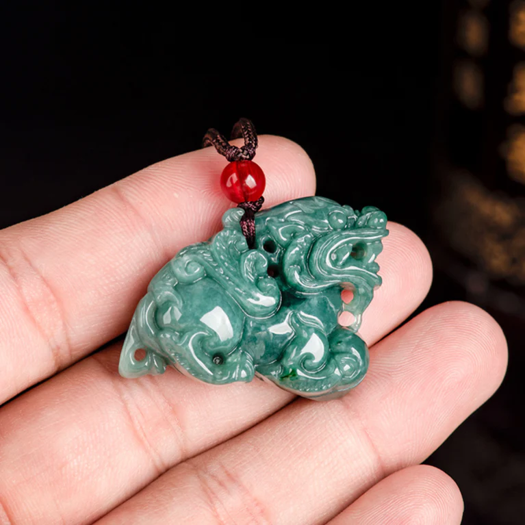 Real Grade A Natural Full Green Jade Jadeite Lucky Dragon Son Pixiu Pendant - Image 4